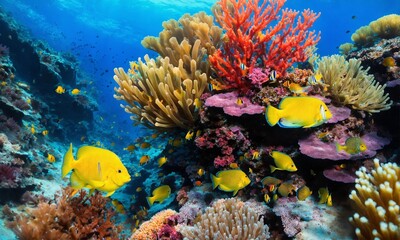 Naklejka na ściany i meble Tropical sea underwater fishes on coral reef