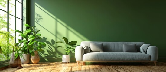 In a living room, there's a grey couch facing a green wall on wood flooring.