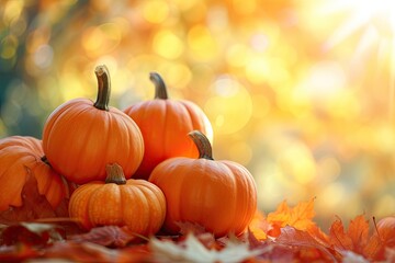 Autumn Halloween pumpkins. Orange pumpkins over bright autumnal nature background