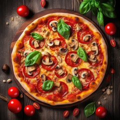 Delicious Pizza with Fresh Toppings on a Rustic Wooden Table - Generative AI