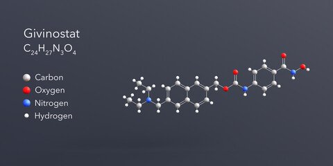 givinostat molecule 3d rendering, flat molecular structure with chemical formula and atoms color coding