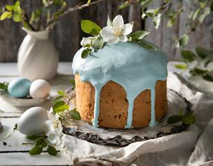 Easter cake with blue frosting surrounded by Easter eggs on white wooden table. Holiday Food Photography.