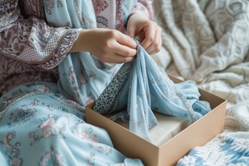 woman wrapping a new hijab in a gift box