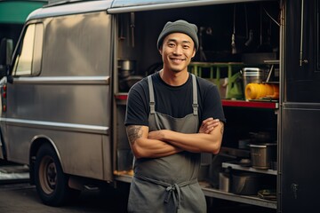roadside shop owner is taking a photo in front of his shop