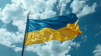 Ukraine flag dances in the morning sunlight, against a clear blue sky and fluffy white clouds, as it proudly stands atop an electric blue pole in the great outdoors