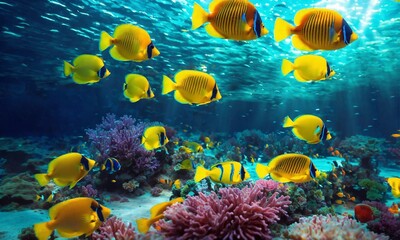 Animals of the underwater sea world. Ecosystem. Colorful tropical fish.