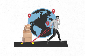 Creative drawing collage picture of funny man pull carton boxes shopping global seller goods weird...