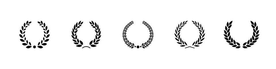 Laurel wreath icon set. Award badge, achievement in the form of a wheat, laurel or oak wreath. Emblem floral greek branch flat style. Vector illustration.