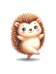 Cheerful Hedgehog cartoon isolated on white background. Watercolor illustration, hand drawing