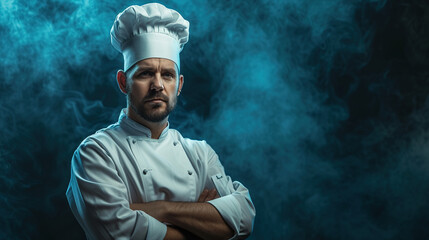 Cool looking chef isolated on dark background. - obrazy, fototapety, plakaty