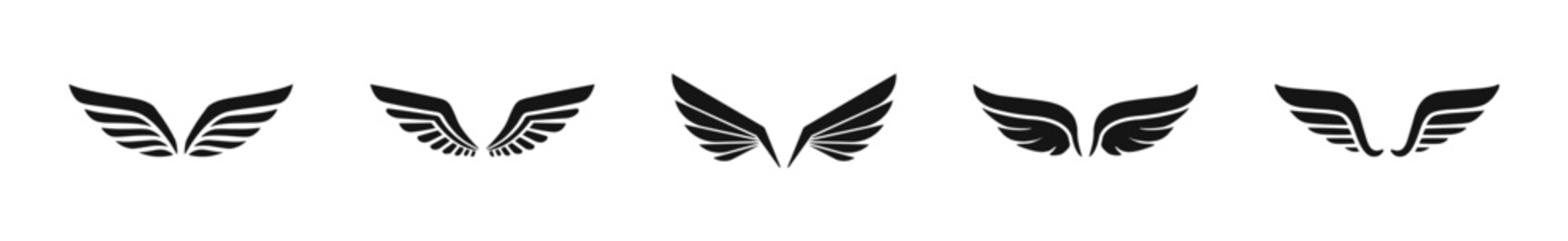 Black wings icon set. Wings icons. Collection badges of wings. Vector illustration.
