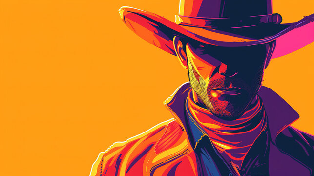 Cool looking cowboy closeup portrait. Colorful comic style illustration.