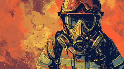 Colorful firefighter or fireman in mixed grunge colors comic style illustration.