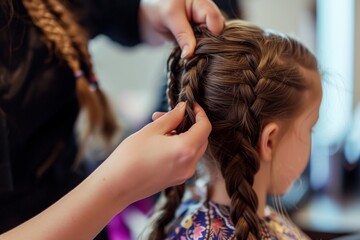 hairdresser braiding a young girls long hair - obrazy, fototapety, plakaty