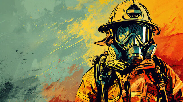 Colorful firefighter or fireman in mixed grunge colors comic style illustration.