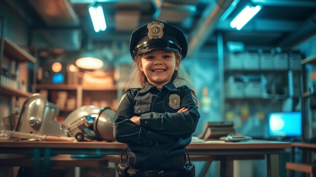 Smiling Kid as Police Officer A cheerful child dressed in a police officer uniform, Dream job of serving and protecting their community. With a bright smile and a confident pose,