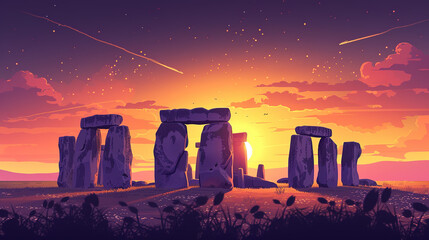 Beautiful scenic view of stonehenge in England during sunrise in landscape comic style.