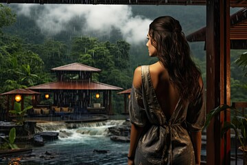 Fototapeta premium a woman on the terrace of a guest house in the middle of the forest