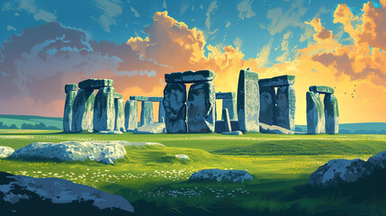 Beautiful scenic view of stonehenge in England during sunrise in landscape comic style illustration.