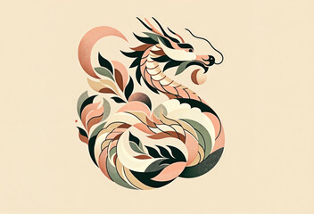 Chinese dragon with abstract triangle design in pastel colors on beige background symbol of 2024 year. Minimal geometric style