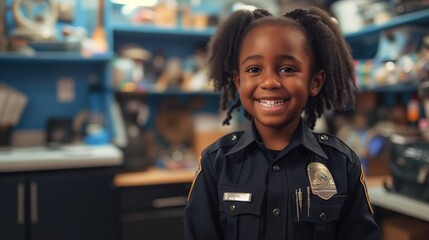 Smiling African-American Kid as Police Officer A cheerful child dressed in a police officer uniform, Dream job of serving and protecting their community. With a bright smile and a confident pose, - obrazy, fototapety, plakaty
