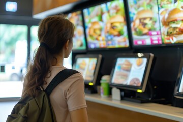 customer at a concession stand with digital menu boards - 726498273