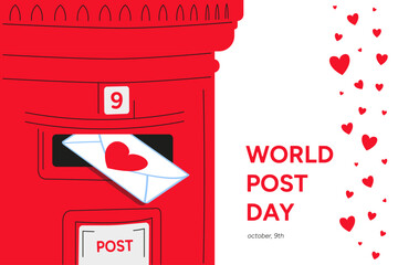 World Post Day celebration vector graphic banner. Old red letter box and envelope with love letter. Mailbox, post box, poster design