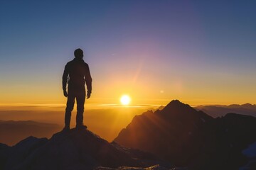 Fototapeta na wymiar man silhouette against sunrise on mountain peak