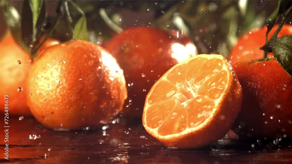 Poster Raindrops drip on a fresh tangerine. Filmed on a high-speed camera at 1000 fps. High quality FullHD footage