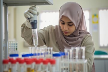 student in a hijab working on a science lab experiment