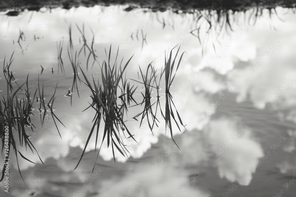 Poster A black and white photo capturing the reflection of clouds in the water. Perfect for adding a serene and minimalist touch to any project