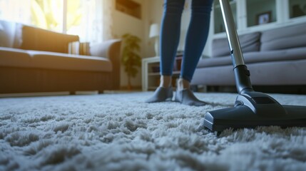 Fototapeta premium A woman is using a vacuum cleaner while cleaning the carpet in the house.