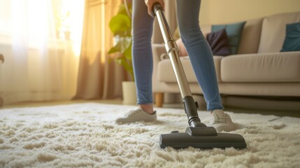 Fototapeta premium A woman is using a vacuum cleaner while cleaning the carpet in the house.