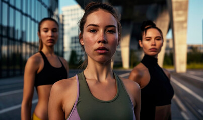Self-assured sporty women friends, real people group in activewear before training on fitness workout