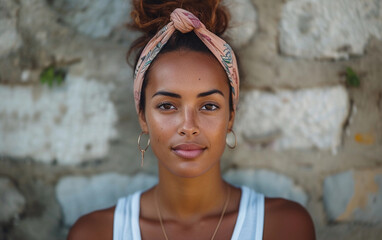 Multiracial Woman With Knotted Headband in Front of Stone Wall