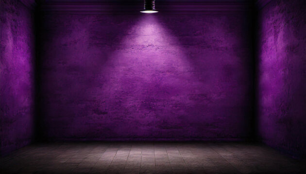 Bühne, Frontaler Blick auf eine lila vintage Betonwand mit Spotlicht an der Decke