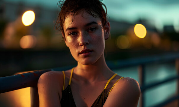 Empowered sportive fit woman in sportswear standing on urban park looking at camera