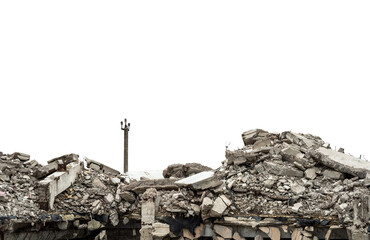 A pile of concrete fragments of a destroyed building made of bricks, piles, beams with the remains...