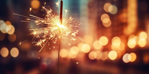 Naklejka premium Light flame sparkle shine with bookeh cityu ligh background. Xmas New Year Night celebration