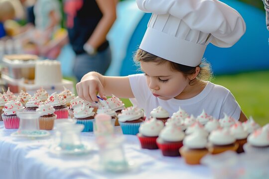child in chef hat decorating cupcakes at baked goods table