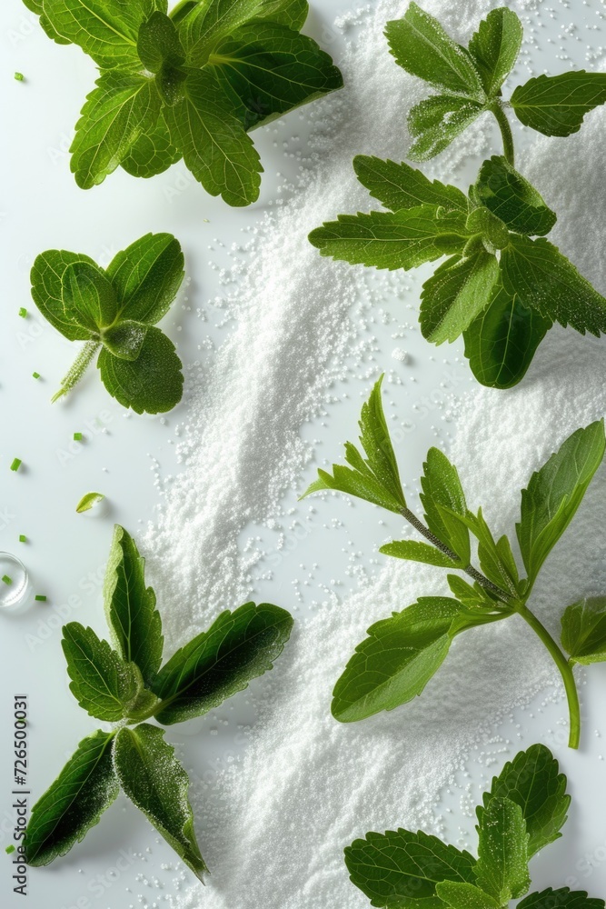 Poster A detailed close-up of a bunch of leaves placed on a table. Perfect for nature-themed designs or adding a touch of greenery to your projects