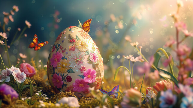 magic of Easter with a porcelain masterpiece—an intricately decorated egg featuring flowers and fantasy elements—nestled in the vibrant green grass