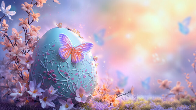Easter magic with a porcelain blue Easter egg, intricately decorated with flowers and butterflies, gracefully positioned in an underwater wonderland, evoking a sense of fantasy and enchantment
