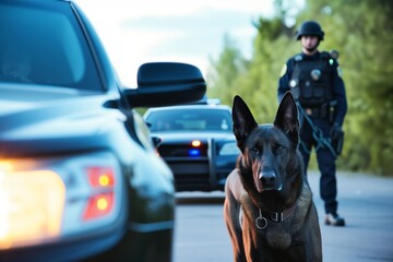 police with k9 unit approaching a car, search before chase