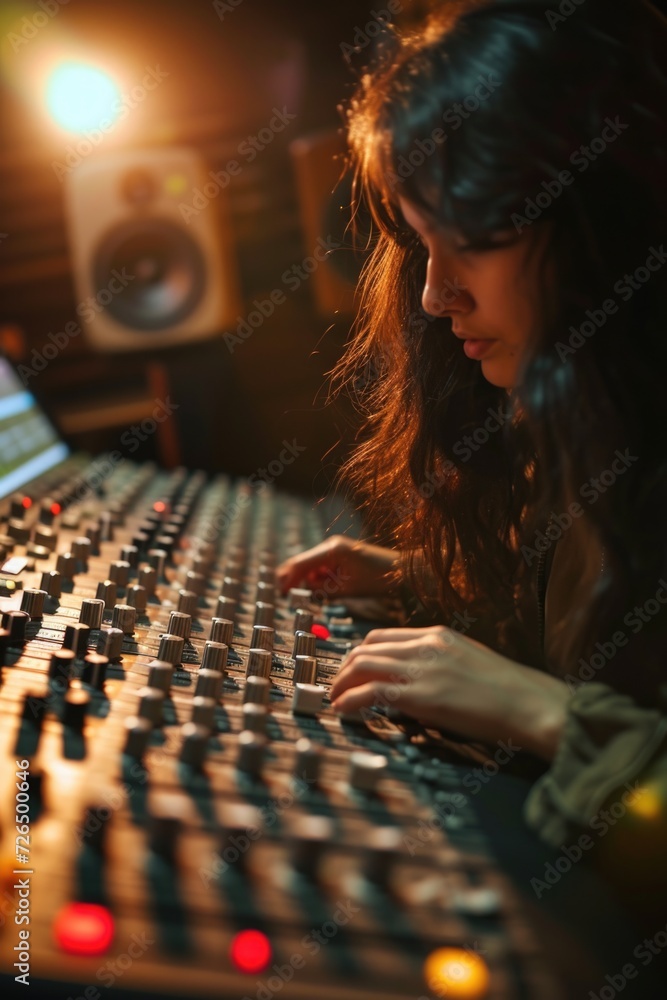 Poster a woman is seen sitting at a mixing desk in a recording studio. this picture can be used to depict m