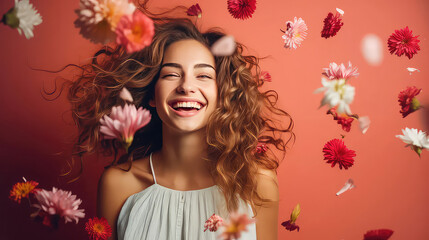 Obraz na płótnie Canvas Beautiful pretty girl with hair hold tulips flowers on March 8th International Women's Day on one color background