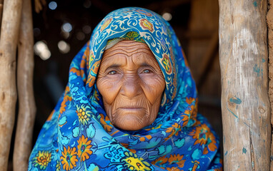Old Woman With Blue Scarf on Her Head