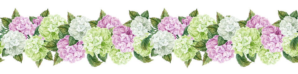 Watercolor seamless border of pink-green and white buds
