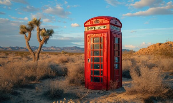 an old english phone booth on a desert.
