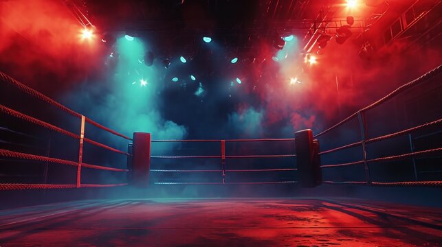 Empty boxing ring with red ropes for match in the stadium arena. Creative artwork decoration. Foggy background with light.